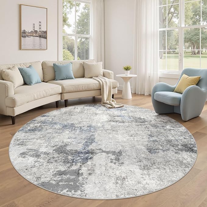 DMOYEST 6ft Round Area Rug for Living Room - 6x6 Washable & Non Slip Circle Rug, Kid & Pet Friendly Soft Low Pile Abstract Carpet for Bedroom and Dining Room - Grey Blue