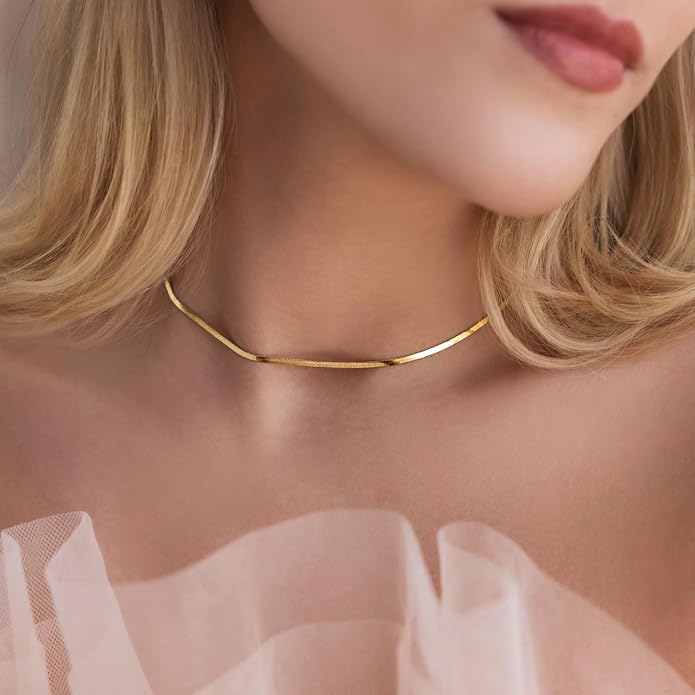 WomenGifts 14K Gold Silver Plated Herringbone Necklace for Women, Dainty Snake Chain Choker, Trendy Simple Long Layered Jewelry Non Tarnish, 3/4/5/8mm,14,16,18,20,22,24,26 Inch Thin & Chunky Options