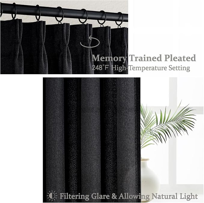 Pinch Pleated Black Sheer 96 Inch Curtains for Bedroom, Neutral Thick Linen Blend Pleat Light Filtering Sliding Door Curtain Lush Decor Privacy Window Drapes Hooks Back Tab (40"W x 96"L Panels 2 Set)