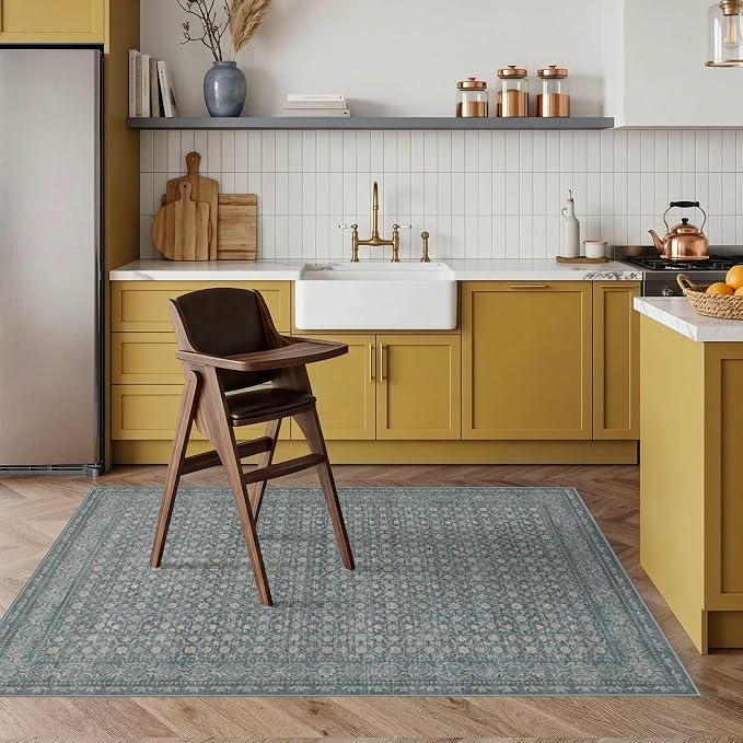 Rugxara 3x5 Washable Entryway Rug, Non Slip Boho Runner Rugs for Hallway, Entrance, Kitchen, Bathroom, Laundry Room, Soft Entryway Carpet, Throw Low Pile Retro Imitation Wool Carpet, Soft Blue