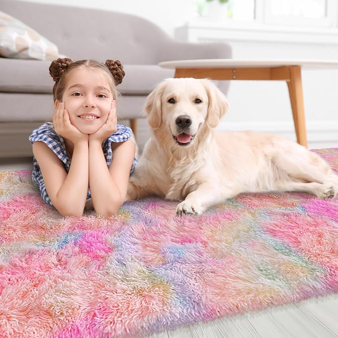 2x6 Ft Rainbow Rug for Girls Bedroom Colorful Area Rug Unicorn Rugs for Girls Bedroom Kawaii Room Decor Runner Rugs for Living Room Plush Fluffy Rug Non Slip Fuzzy Rugs for Kids Room