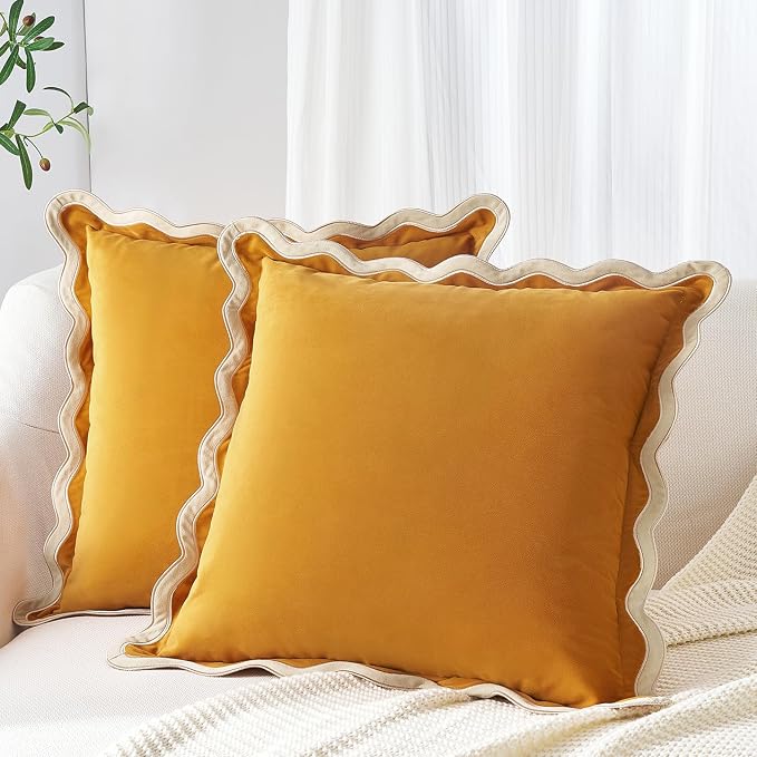 MONDAY MOOSE Decorative Throw Pillow Covers Cushion Cases, Set of 2 Soft Velvet Scalloped Wavy Edge Designs, Mix and Match for Home Decor, Pillow Inserts Not Included (16x16 inch, Cream/Honey)