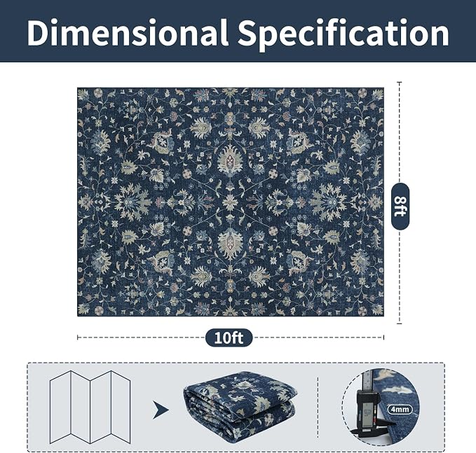 Washable Rugs 8x10 Area Rugs for Living Room,Bedroom,Dining Room- Soft Low Pile Stain-Resistant Carpet with Non-Slip Rubber Backing,Vintage Large Area Rug for Nursery Home Office Decor