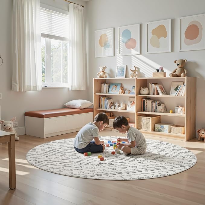 Miukiki Round Rugs 6ft for Living Room Moroccan Washable Circle Rug Non Slip Indoor Floor Carpet Foldable Area Rug for Dining Room with Low Pile(Grey,6'x6')