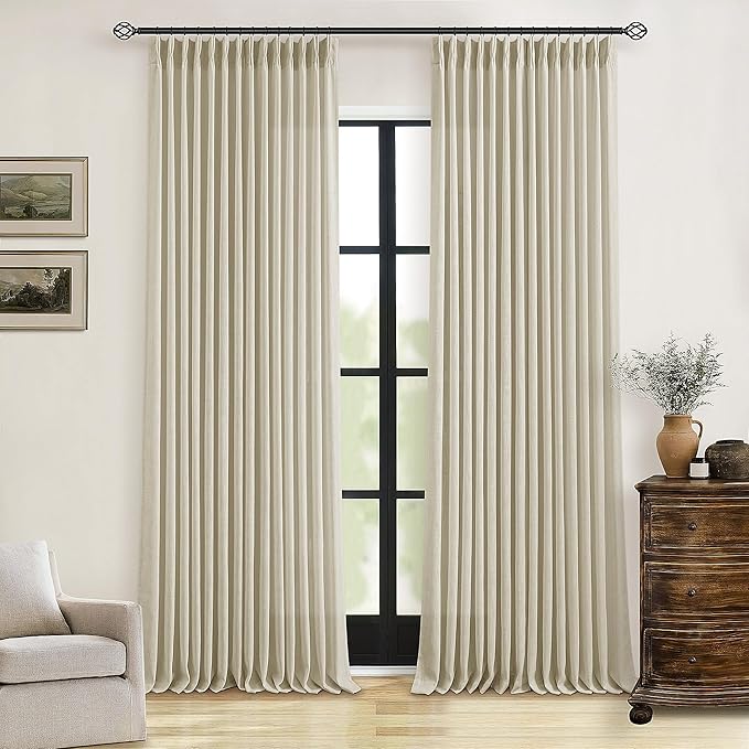 Beige 100 Inch Pleated Linen Curtains 2 Panels for Living Room Bedroom Memory Training Shaped Semi Sheer Neutral Light Tan Flax Burlap Pinch Pleat Drapes Hooks Rings Light Filtering Window Curtain