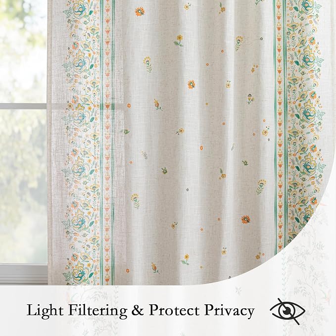 MYSKY HOME Boho Floral Curtains 72 inch for Living Room Semi Sheer Linen Look Bohemian Style Farmhouse Printed Curtains Light Filtering Privacy Back Tab Drapes, 50x84 Inch, Yellow and Blue, 2 Panels