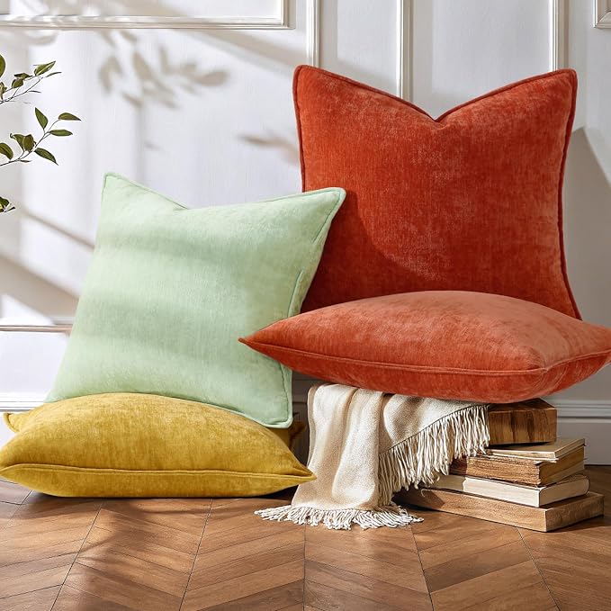 decorUhome Set of 4 Chenille Throw Pillow Covers 16x16(Sage/Rust) | Couch Decorative Soft Neutral Pillow Covers with Elegant Design for Living Room Bed Sofa