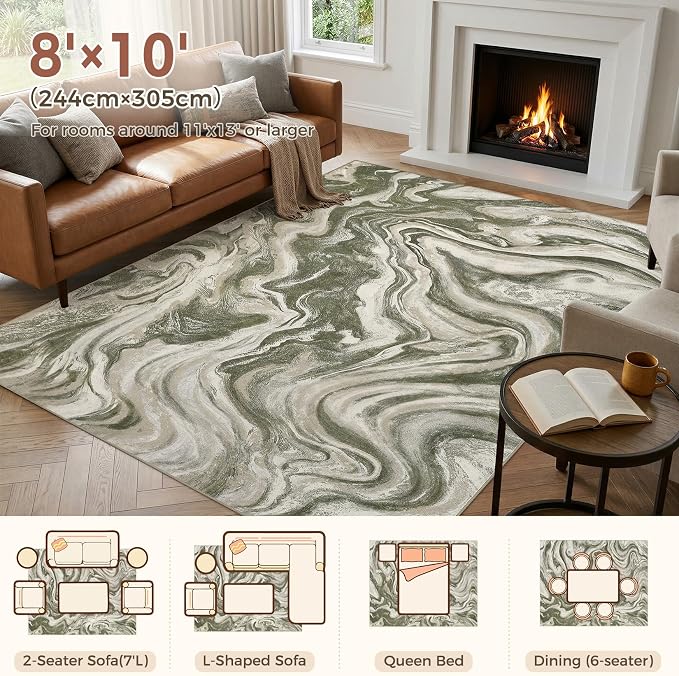DMOYEST 8x10 Area Rug for Living Room:Washable Modern Neutral Abstract Rug with Low Pile Non Slip Soft Thin Large Indoor Carpet for Bedroom Dining Room Home Office Decor-Olive Green