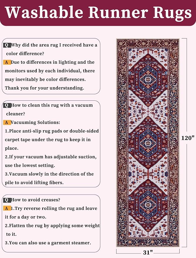 SERISSA Runner Rug for Hallways, 2'6"x10' Washable Non Slip Kitchen Runner Rug, Long Boho Rug Vintage Burgundy Navy Hallway Stair Ultra Soft Print Floor Carpet for Bedroom Bathroom Laundry Room