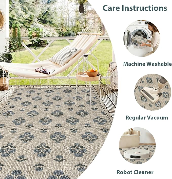 ORTIGIA Scalloped Easy Jute 3x5 Area Rug Vintage Blue Block Floral Farmhouse Washable Rug Non-Slip Indoor Outdoor Carpet for Living Room Bedroom Kitchen Patio Entryway