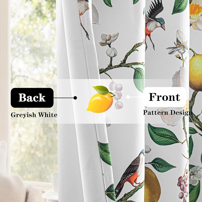 MYSKY HOME Floral Blackout Curtains 63 inch Length 2 Panels Set with Flower Hummingbird Lemon Print for Living Room Bedroom Room Darkening Privacy Vintage Grommet Curtains & Drapes, 52", Greyish White