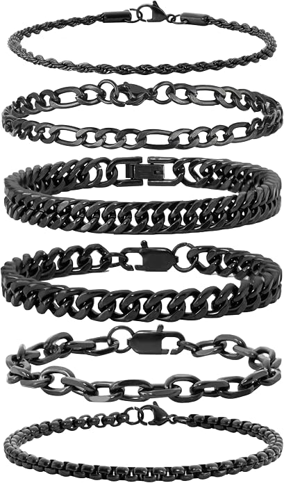 XIANNVXI 6pcs Bracelets for Men Gifts for Him Stainless Steel Bracelet Silver/Gold/Black Cuban Link Rope Paperclip Chain Bracelets Set 6.5/7/7.5/8.3/9 Inches Metal Bracelet Mens Fashion Accessories Jewelry Gifts Set