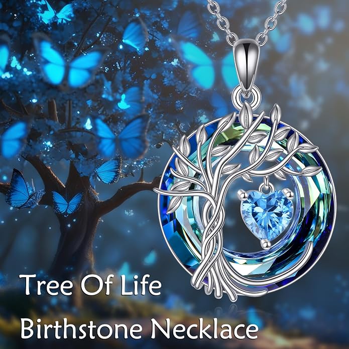 POPLYKE Mothers Day Gifts for Mom Her Wife Tree of Life Necklace 925 Sterling Silver Birthstone Pendant with Crystal Anniversary Birthday Wedding Jewelry for Women