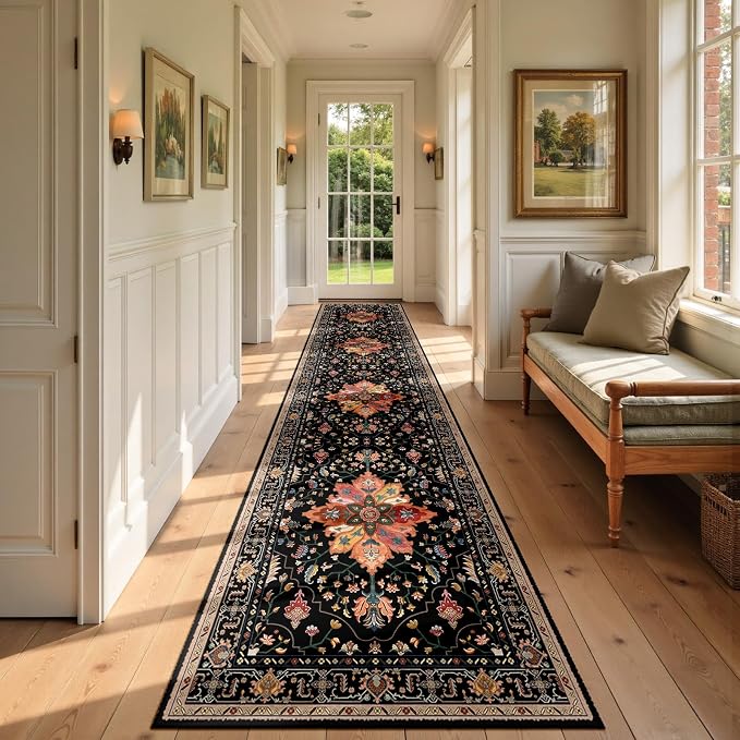 RELEANY Area Rugs Runner 2'6"x14' Washable Non-Slip, Floral Vintage Distress Medallion Carpet for Kitchen Hallway Bedroom Beside Laundry Room Bathroom, Black Colorful Floral Dark Tan