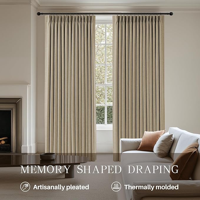 Pinch Pleated Curtains 100% Blackout Linen Curtains 102 Inches Long for Bedroom Living Room, Sand Color Memory Trained Thermal Insulated Room Darkening Window Drapes with Hooks 2 Panels 40"Wx102"L