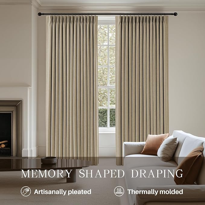 Pinch Pleated Curtains 100% Blackout Linen Curtains 90 Inches Long for Bedroom Living Room, Sand Color Memory Trained Thermal Insulated Room Darkening Window Drapes with Hooks 2 Panels 40"Wx90"L