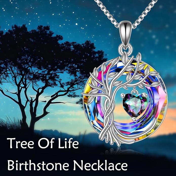 POPLYKE Mothers Day Gifts for Mom Her Wife Tree of Life Necklace 925 Sterling Silver Birthstone Pendant with Crystal Anniversary Birthday Wedding Jewelry for Women