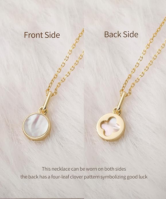 S.Leaf Sterling Silver Pearl Necklace for Women Gold Plated Double-sided Mother of Pearl Four Leaf Clover Shell Necklace Dainty Pendant Necklaces Gift for Women Her Mother Daughter Bridesmaids