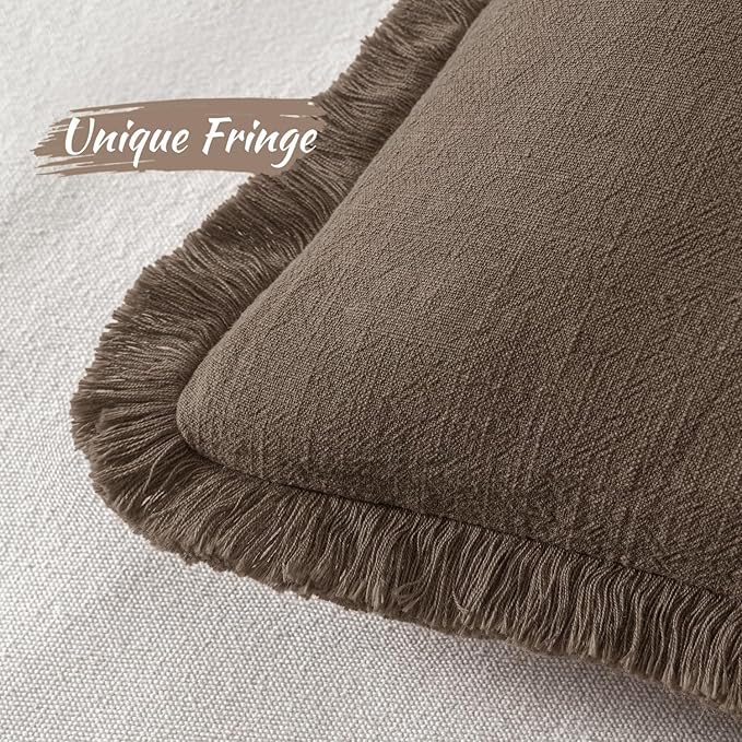 MIULEE Decorative Throw Pillow Covers Neutral Linen Fringe Throw Pillows Set of 2 Chocolate Brown Boho Farmhouse Cushion Covers with Tassels for Couch Sofa Bed Living Room Fall Decor 18x18 Inch