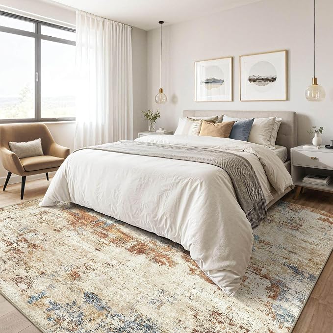 5x8 Area Rug Washable Rug: Large Abstract Modern Soft Stain Resistant Indoor Floor Non-Slip Accent Carpet for Living Room Bedroom Nursery Playroom Dining Room Office Dorm Home House- Blue Orange