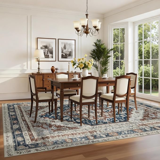 Joydeco 5x7 Area Rugs for Living Room, Non Slip Machine Washable Vintage Rug, Low Pile Chenille Print Rugs for Bedroom, Dining Room, Home Office, Pet & Child Friendly, Beige & Blue & Reddish-Brown