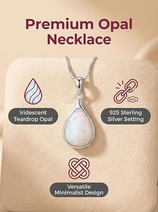Teardrop Opal Necklace for Women - 925 Sterling Silver October Birthstone Pendant Necklace, Dainty Pear Shape Gemstone Jewelry Gif for Her, Adjustable Box Chain