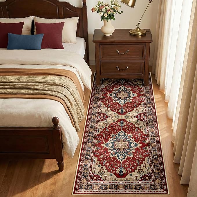 RELEANY Area Rugs Runner 2'x6' Washable Non-Slip, Floral Vintage Distress Medallion Carpet for Kitchen Hallway Bedroom Beside Laundry Room Bathroom, Red Blue