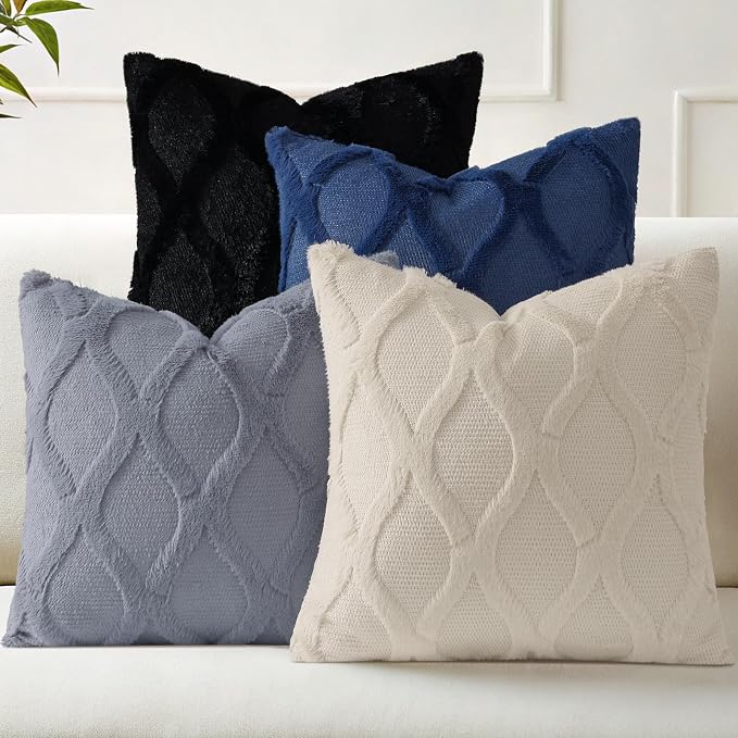 decorUhome Set of 4 Faux Fur Throw Pillow Covers 20x20(Blue/Grey) | Neutral Decorative Soft Plush Couch Pillow Covers, Farmhouse Pillow Cases for Living Room Bed Sofa