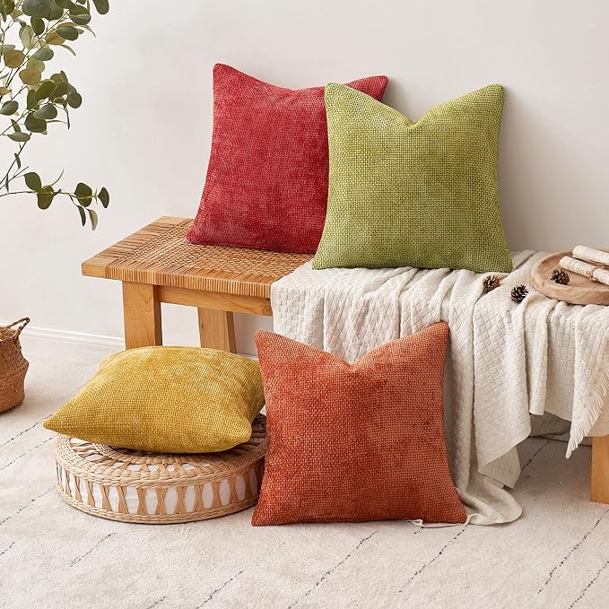 MIULEE Pack of 4 Burnt Orange Couch Throw Pillow Covers 20x20 Inch Yellow Green Soft Decorative Chenille Pillows Farmhouse Accent Cushions for Boho Fall Home Decor Sofa Bedroom Living Room