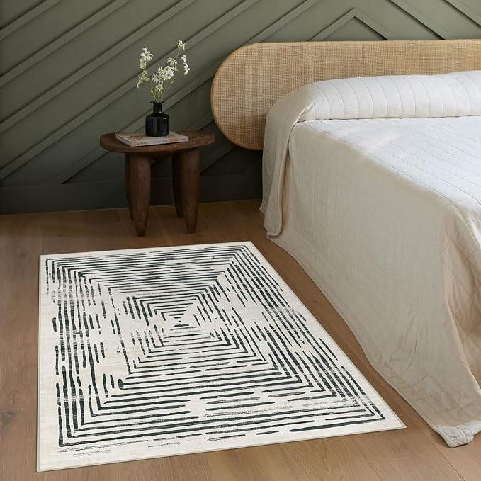 BLISSA 3x5 Washable Area Rug - Modern Entry Rug Non-Slip Ultra-Thin Soft Black White Lines Borderd Abstract Bedside Throw Rug for Entryway Kitchen Bedroom Bathroom Dorm Nursery Home Decor
