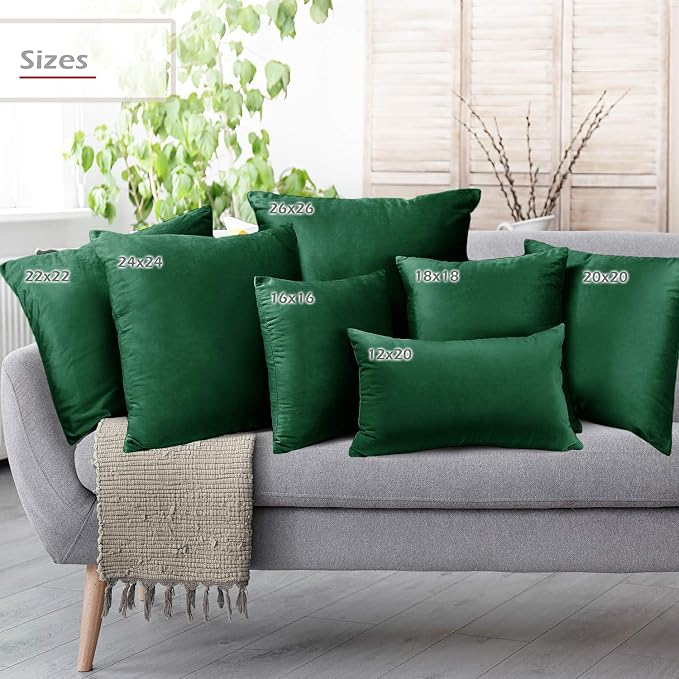 Nestl Throw Euro Pillow Covers, Cozy Velvet Decorative Pillow Covers 26x26 Inches, Soft Solid Couch Pillow Case for Sofa, Bed and Car, Set of 4 - Hunter Green