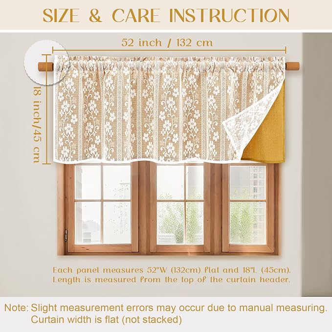 ASPMIZ Linen Valances for Windows Double Layer Valance Curtains with Lace Overlay, Mustard Yellow Kitchen Curtains Light Filtering, Rod Pocket Window Valances for Living Room, Kitchen, Cafe, 52x18