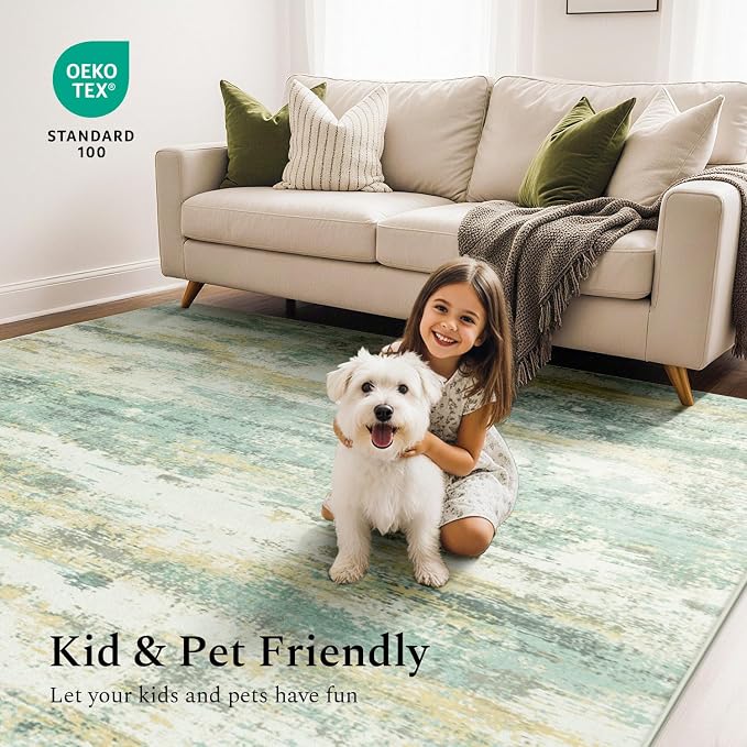 Rugflix 5x7 Area Rugs for Living Room, Washable Large Rug Stain-Resistant Low Pile, Modern Carpet for Dining Room Home Office Kid Room Nursery Bedroom, Light Green