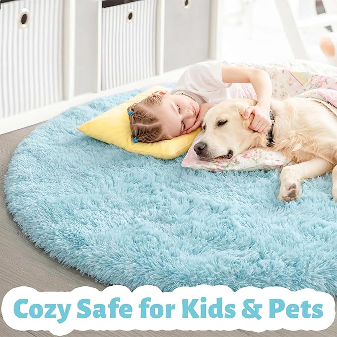 Amdrebio Light Blue Circle Round Rug 5Ft for Bedroom Decor, Soft Shaggy Fluffy Area Rugs for Kids Room Baby Boys Nursery Preppy Dorm Playroom, Cute Plush Fuzzy Sky Blue Carpet for Apartment Classroom