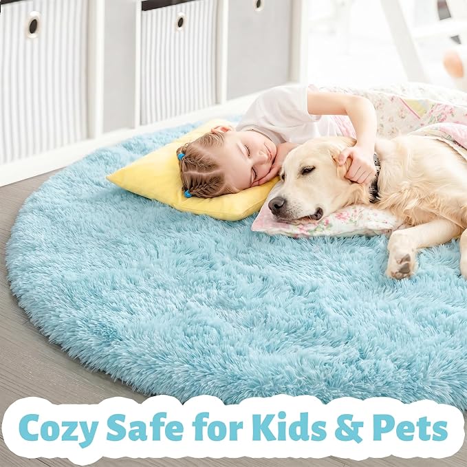 Amdrebio Light Blue Round Area Rug 4Ft for Kids Bedroom, Soft Fluffy Circle Rugs for Teen Boys Girls, Cute Decor Aesthetic, Plush Shaggy Fuzzy Baby Sky Blue Carpet for Nursery Classroom Preppy Dorm