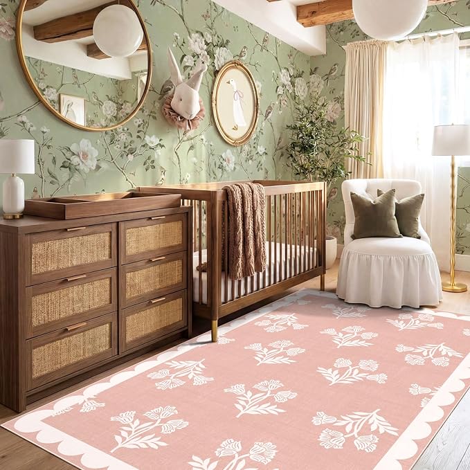 Pink 4x6 Area Rugs for Bedroom Girls - Soft Washable Boho Living Room Rug Non Slip Entry Rug Cottage Farmhouse Scalloped Rugs for Living Room Nursery Kids Room Playroom Kitchen Dorm