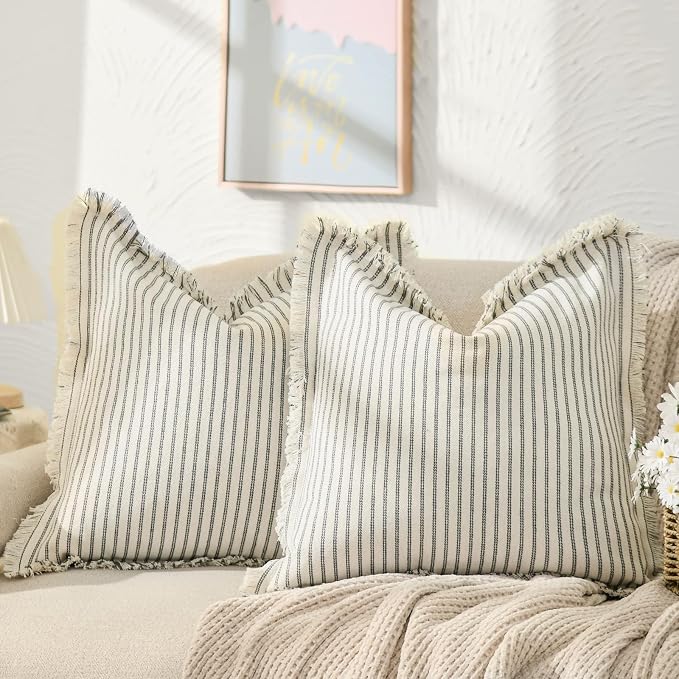 ZWJD Throw Pillow Covers 22x22 Set of 2 Striped Pillow Covers with Fringe Chic Cotton Decorative Pillows Square Cushion Covers for Sofa Couch Bed Living Room Farmhouse Decor, (Gray)