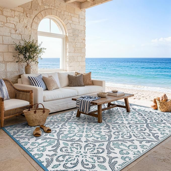 Lahome Patio Rug 6x9 Deck Rugs Outdoor Waterproof for Outside, Plastic Straw Rug Reversible Rv Mat,Large Portable Porch Floor Camping Carpet for Balcony Tent, Blue & White 6x9