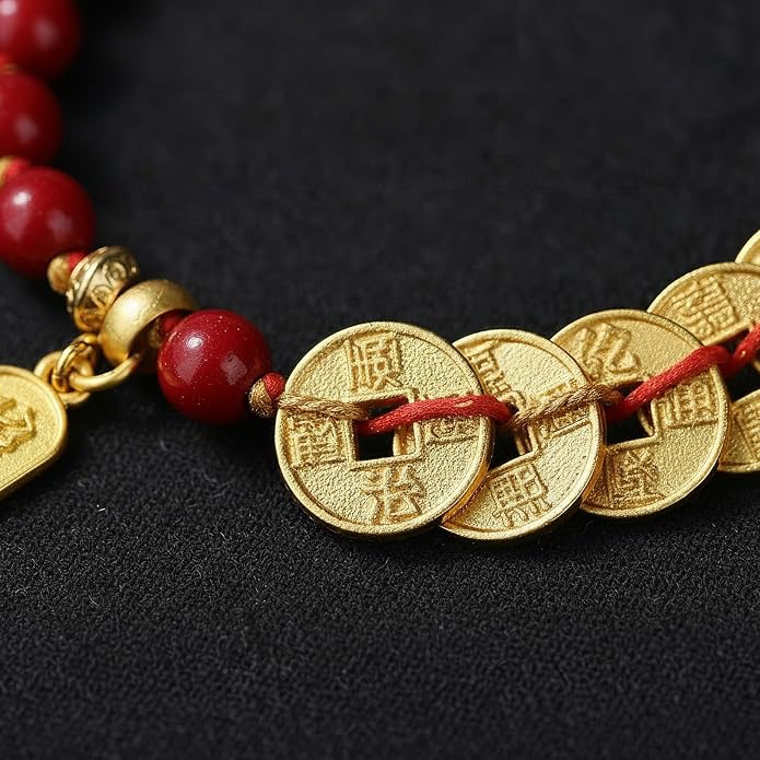Feng Shui Cinnabar Bracelet - Five Emperor Coins Wealth Amulet - Red String Protection Jewelry for Women & Men - Good Luck Money Coin Beaded Adjustable Gift