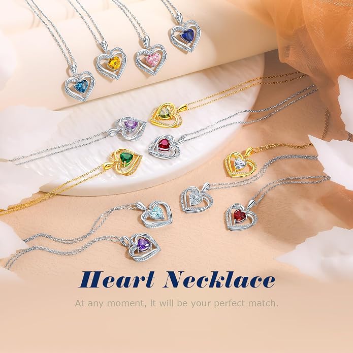 Anniversary Charm Necklace, Sterling Silver 14K Gold Plated Chain with Interlocking Heart Pendant Elegant Birthstone Necklaces for Women, Length 18"
