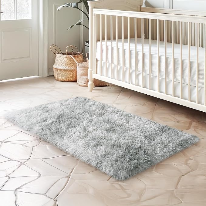 qulint 2x3 Rug for Bedroom, Fluffy Small Rug for Living Room, Tie-Dyed Grey | Soft Shag Fuzzy Throw Rug for Boys Room, Plush Shaggy Modern Rug for Kids Room Nursery Dorm Classroom Home Decor