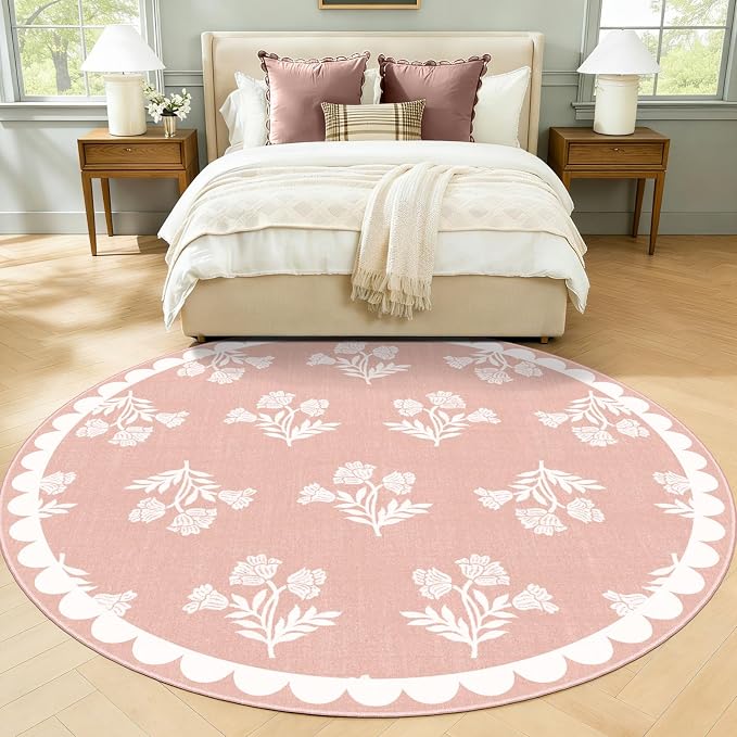 Pink Round Rugs 6ft - Soft Washable Boho Floral Bedroom Circle Rug Stain Resisantt Scalloped Dining Room Rugs for Under Round Table Vintage Area Rug for Living Room Nursery Kids Room