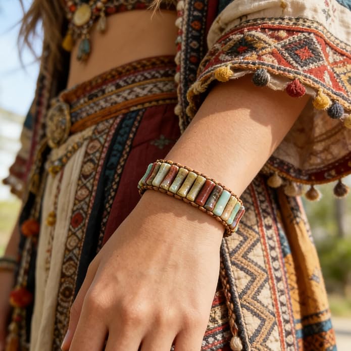 Plumiss Women Boho Handmade Natural Stone Crystal Leather Bead Wrap Bracelets Collection