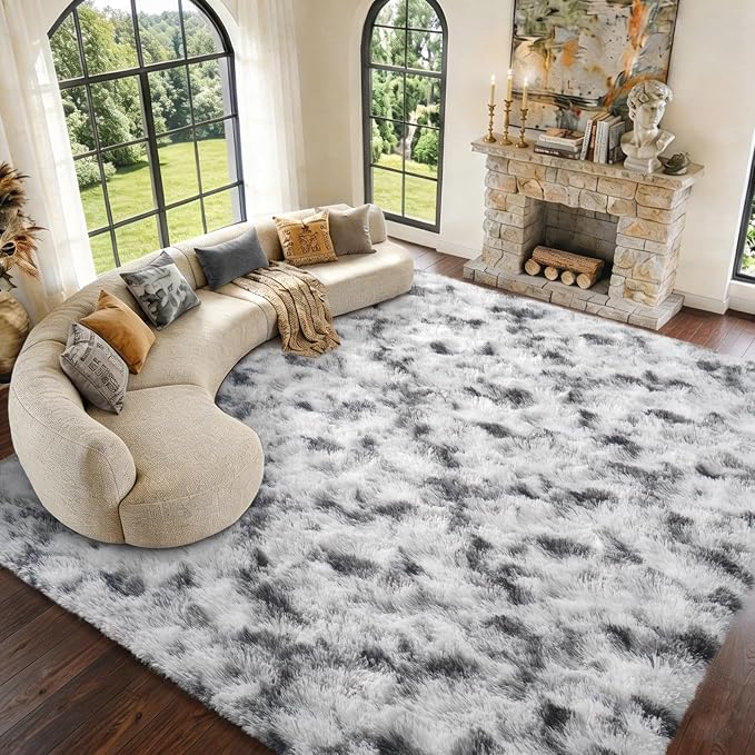 9x12 Extra Large Area Rugs for Living Room, Shaggy Non-Slip Tie-Dyed Rugs for Bedroom Kids Playroom Dorm Room, High Pile Ultra Soft Carpet, Black White