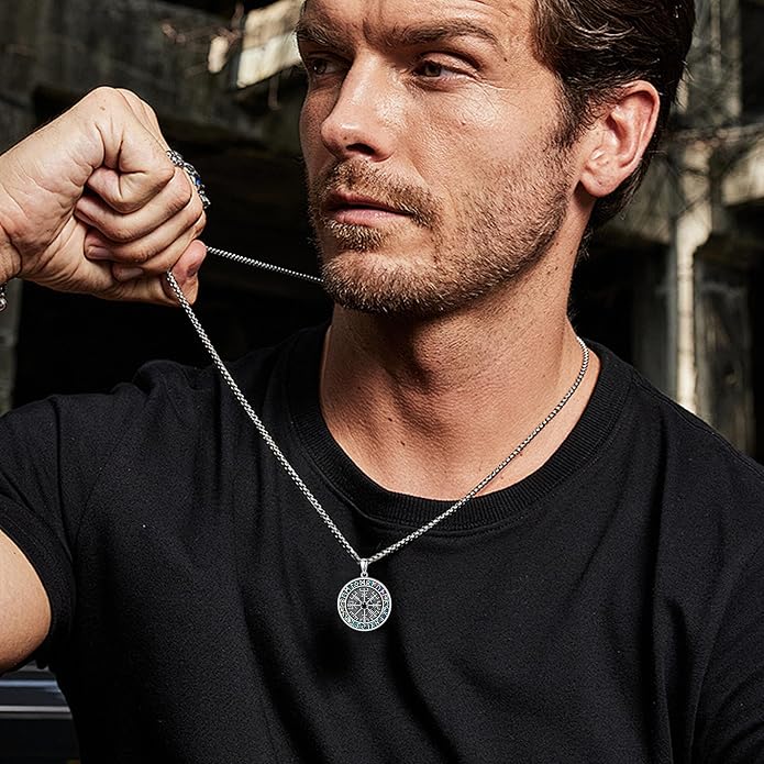 Compass Thor Hammer Necklace Sterling Silver Viking Compass Mjolnir Jewelry Gift for Men