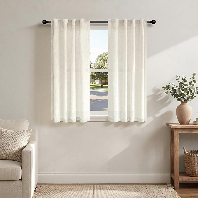 Pitalk 60 Inch Length Linen Curtains Cream Ivory Semi Sheer Light Filtering Panels Back Tab Rod Pocket Boho Modern Farmhouse Linen Drapes for Bedroom Living Room Window 2 Panels 34 x 60 Inches Long