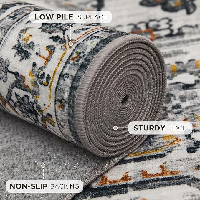 Joydeco Washable Area Rug, 6ft Round Rugs for Living Room,Non Slip Machine Washable Vintage Rug, Low Pile Thin Chenille Print Rugs for Bedroom, Dining Room, White&Light Gray&Dark Gray