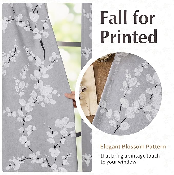 FMFUNCTEX 100% Blackout Grey Floral Curtains 54 Inch Long Grommet 2 Panels | Black Out Drapes, Thermal Insulated Cottage Farmhouse, Blossom Flower Patterned Curtain for Bedroom, Living Room Darkening