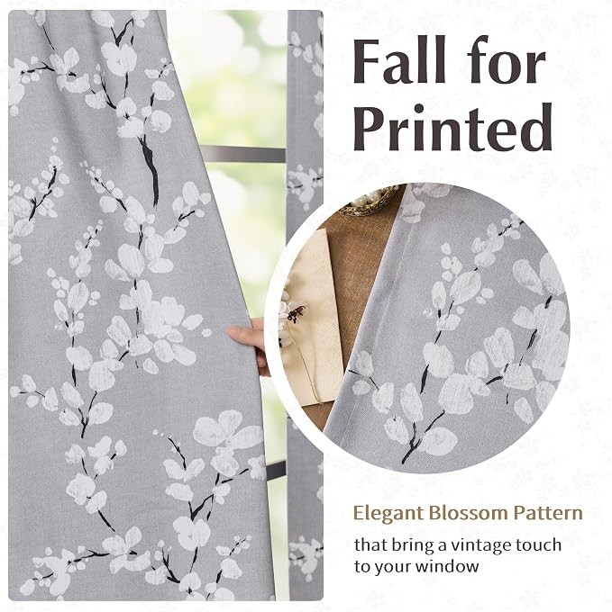 FMFUNCTEX 100% Blackout Grey Floral Curtains 63 Inch Rod Pocket 2 Panels | Black Out Drapes, Thermal Insulated Cottage Farmhouse, Blossom Flower Patterned Curtain for Bedroom, Living Room Darkening
