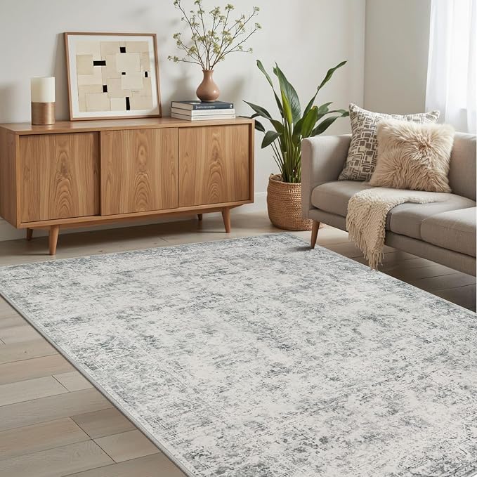 Rugxara 4x6 Area Rug for Living Room Bedroom Washable Rug, Grey | Non Slip, Throw Rug for Entryway Dining Room Office Kids Room, Stain Resistant, Soft, Low Pile, Vintage Boho Retro Carpet